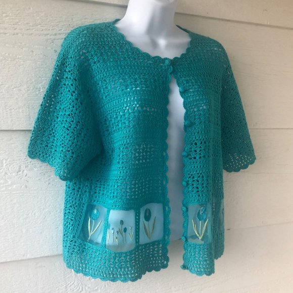 Teddi Sweaters - Teddi Vintage Size PL Teal Knit Embroidered Floral Button-Down Cardigan / Shrug